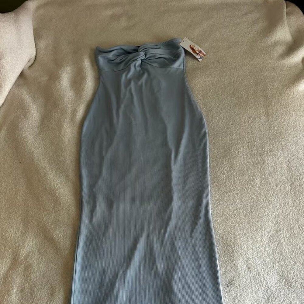 PRETTYGARDEN Light blue Women's Bodycon Long Dresses Summer Strapless Tube Twist